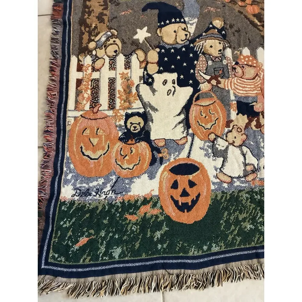 VTG 90s Goodwin Weavers Halloween Bears Trick or Treat Tapestry Throw Blanket